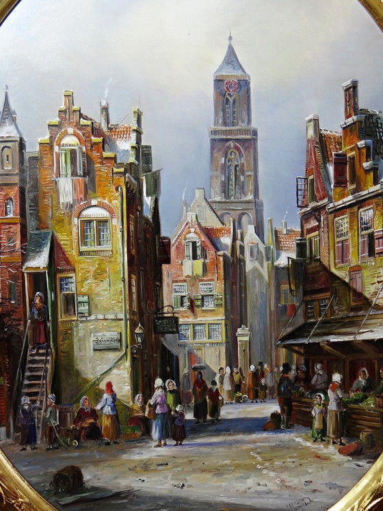 Image 1 of Grande dipinto a olio su legno con cornice raffigurante una scena urbana, di John Haanstra, vintage