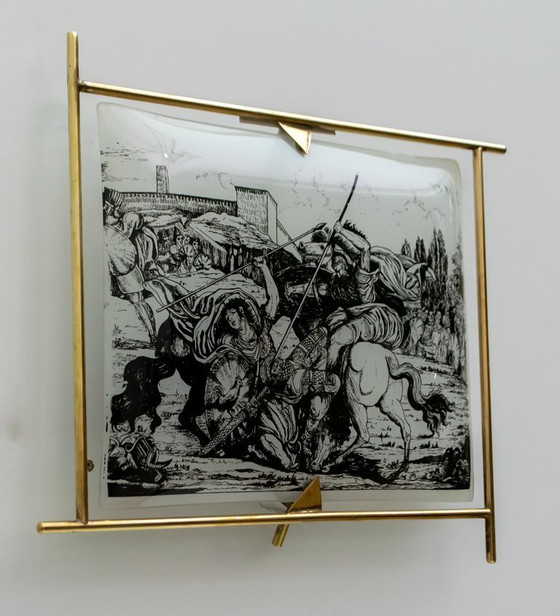 Image 1 of Sconcerto italiano di metà secolo in ottone e vetro acidato curvato, anni '50