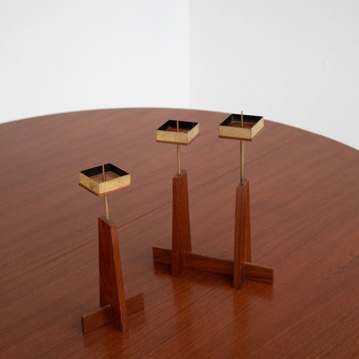 Scandinavian Candle Holders in Teak and Brass, Mid-Century Design