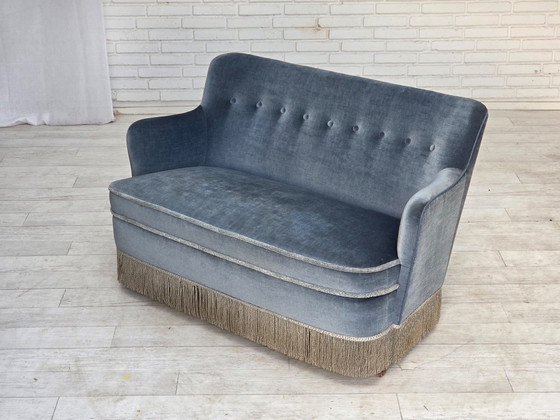 1970s, Danish 2-seater sofa, furniture velour, beech wood., 2 seaters, Velvet, Blue (photo 5 of 21)