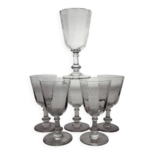 6 engraved glass wine/water glasses from the early 20th century.