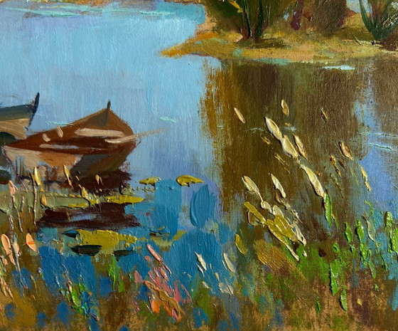 Image 1 of Origineel olieverfschilderij: Kustdorplandschap - Er stroomt een rivier vlakbij het dorp.