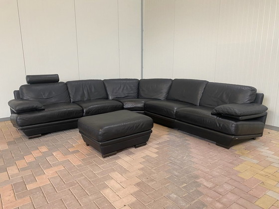 Image 1 of  Natuzzi Black Real Leather Corner Sofa + Hocker