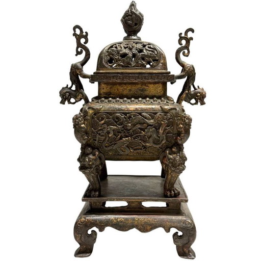 Antiguo Quemador de Incienso Chino Fangding de Bronce con Pedestal – Set de 3 Piezas – Dinastía Qing Tardía (29.5 cm)