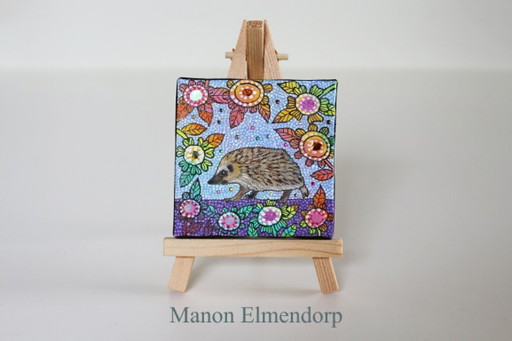incl. Chevalet: Petite Peinture Unique Peinte à la Main Hérisson avec des fleurs