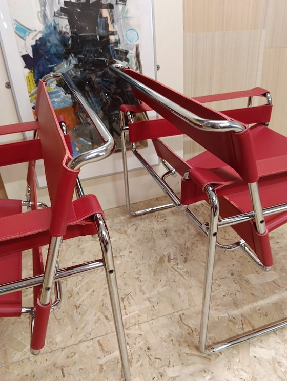 Image 1 of KNOLL Studio Set van 2 WASSILY B3 fauteuils (NIEUW) in rood leer