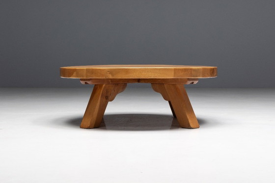 Image 1 of Brutalist Oak Round Coffee Table, France, 1950s