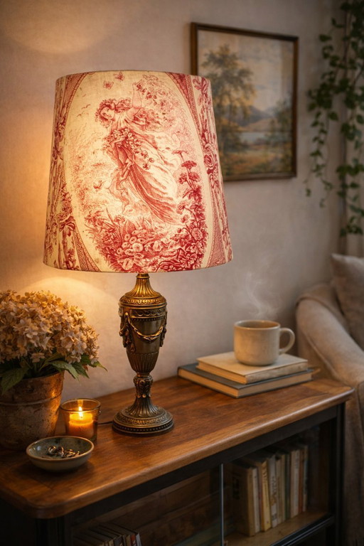 Empire style lamp with toile de jouy lampshade
