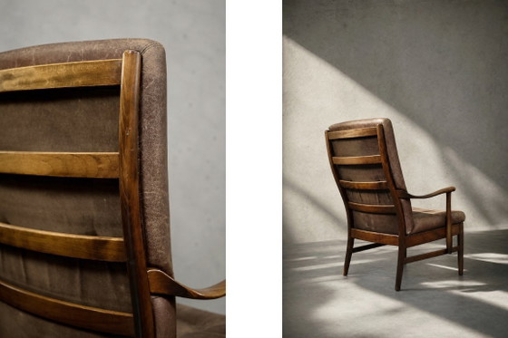 Image 1 of Dänischer Mid-Century Hochsessel aus moderner Buche und braunem Leder von Farstrup Møbler, 1970er Jahre
