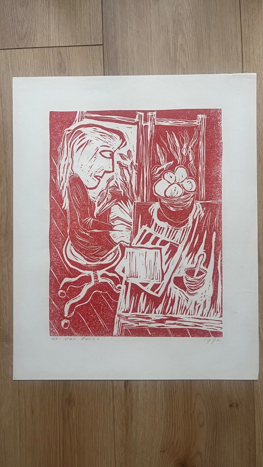 Expressive houtsnede van Thea van Doorn - zonder titel – lithos zeefdrukken, Paper