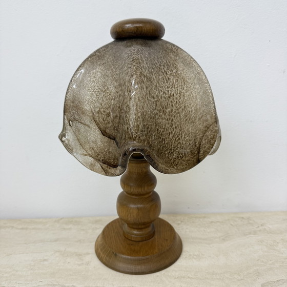 Image 1 of Vintage Brutalist Glass Table Lamp with Solid Oak Wooden Base, 1970s