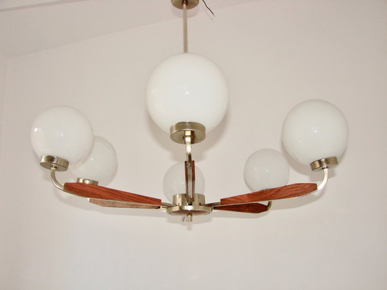 Image 1 of Modern chandelier from the 1970s – metal, teak wood and glass, 6xE14