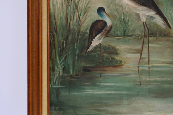 Image 1 of Grand tableau décoratif d'oiseaux dans l'eau, France années 1960