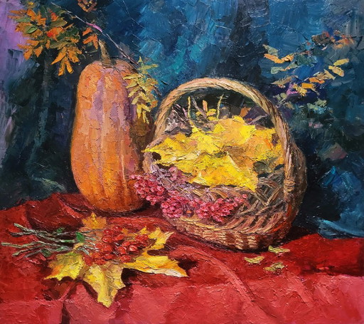 Original Oil Painting Autumn Harvest Still Life with Pumpkin – schilderijen tekeningen, Canvas
