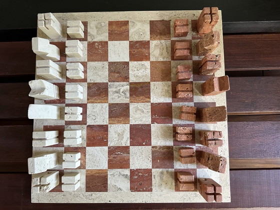 Design Chess Set in two-tone Travertine, Angelo Mangiarotti, Decorative Objects, Beige, Modern (photo 11 of 15)