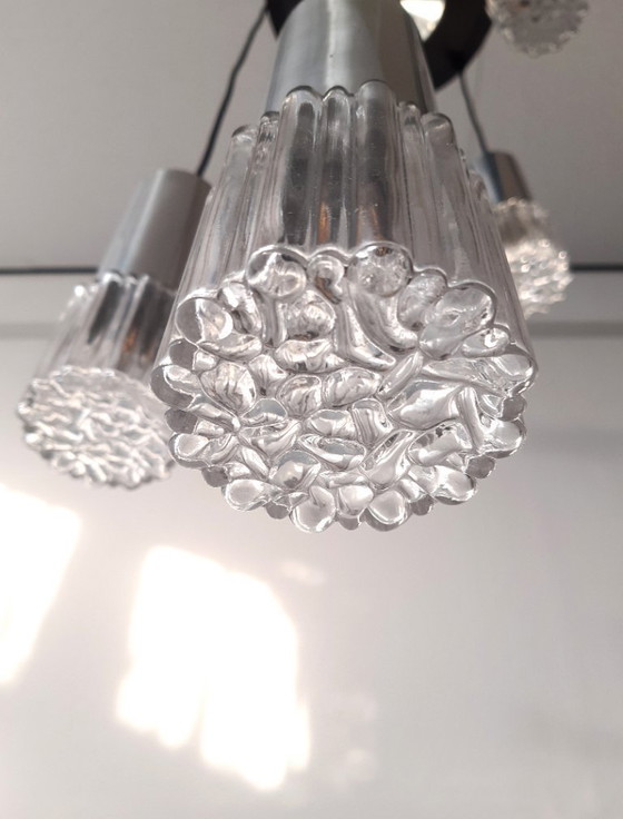 Image 1 of Vintage cascade pendant lamp with 5 transparent glass bubble glass cups, mcm glass chrome chandelier