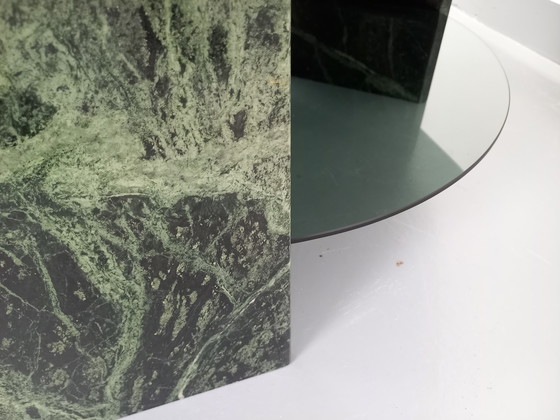Image 1 of Vintage Square Coffee Table with 2 Tops in Green Marble and Smoked Glass from the 70s