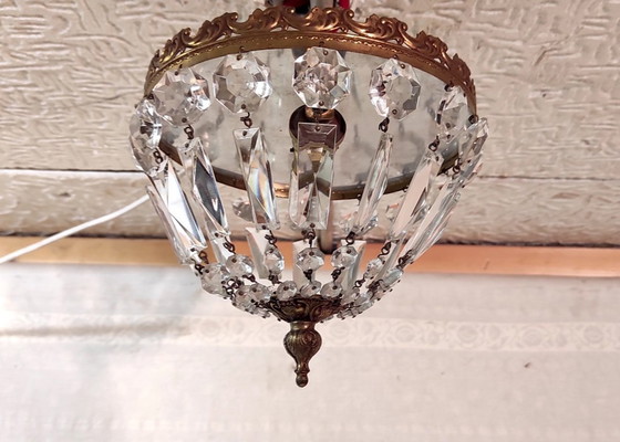 Image 1 of Lampada da soffitto Art Déco in ottone e pendenti in vetro - metà del XX secolo