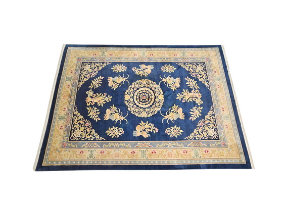 Image 1 of Handgeknüpfter orientalischer Aubusson-Teppich aus Wolle mit blauem Blumenmuster, 307 x 430 cm