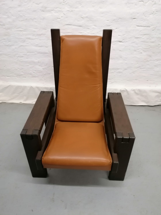 Image 1 of Brutalist style armchair, wood and leather, 70s