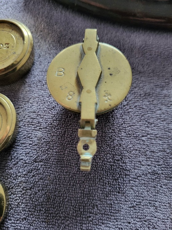 Image 1 of English letter scale with stack weights and a set of cup weights
