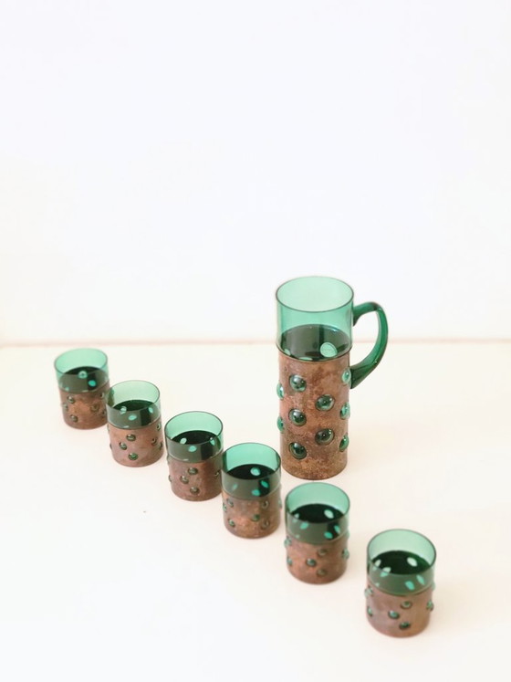 Vintage Brutalist drank set van groen glas en gepatineerd koper – Glazen & Karaffen, Copper (photo 6 of 9)