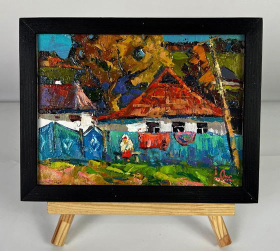 Image 1 of Peinture à l'huile originale : paysage rural, vie à la campagne, réunions dans la cour