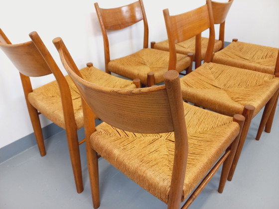 Image 1 of Suite de 6 chaises vintage italiennes en teck et corde danoise Gessef Consorzio Sedie Friuli