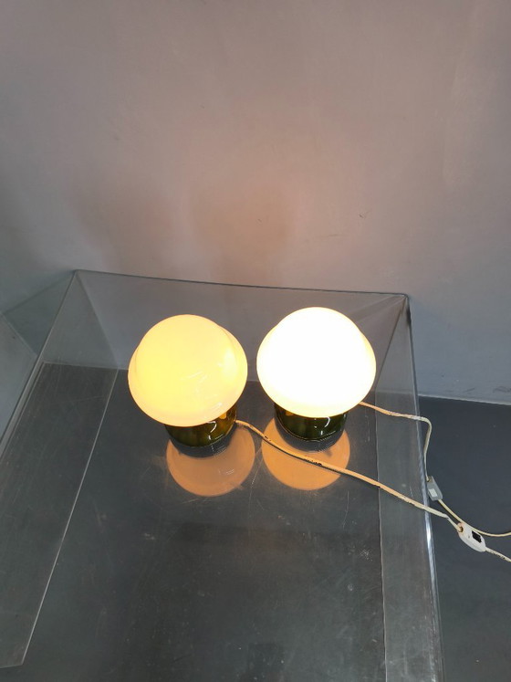 Image 1 of Pair Czech 1970s Milk Glass and Green Ceramic Table Lamps