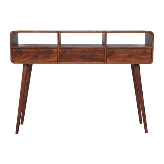 Image 1 of Console Table with 3 Drawers in Solid Mango Wood with Chestnut Finish