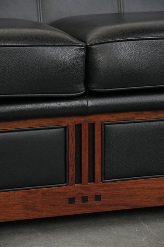 Image 1 of Art Deco Schuitema black leather 2.5-seater designer sofa from the Decoforma series with beautiful woodwork