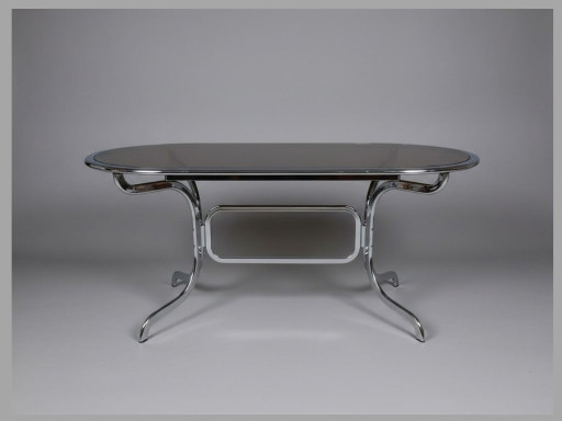 Gastone Rinaldi Chrom & Rauchglas Esstisch, Italien, 1970er Jahre – eettafels, Chrome