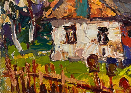Image 1 of Original Oil Painting Village Day Landscape Village under the summer sky