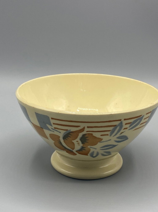 Antica ciotola da sidro Sarreguemines – Decorazione floreale Art Déco blu e ocra – decoratieve objecten, Art Deco