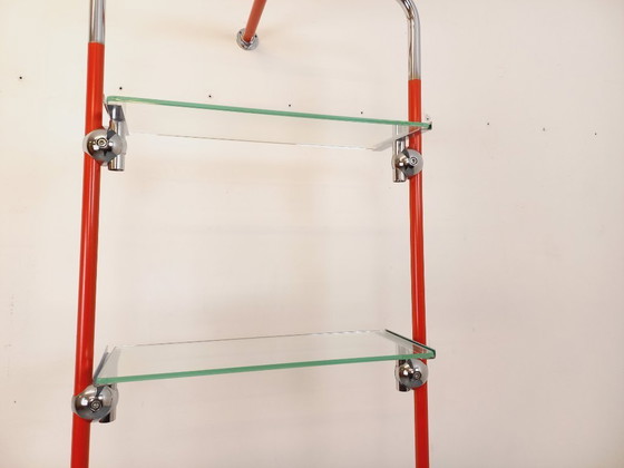 Image 1 of Modular Bauhaus-style vintage bookcase in red metal, chrome and glass from the 1970s