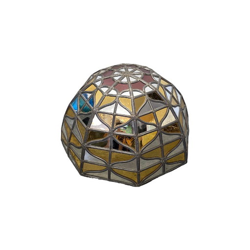 Vintage geometric stained glass mirror dome, 60s/70s
