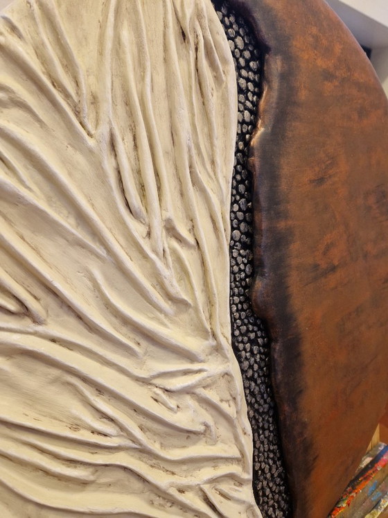 Image 1 of Celestial Duality" - 3D Textured Circle Wall Art, Copper & Plaster Relief Sculpture, Wabi Sabi Round Wall Decor