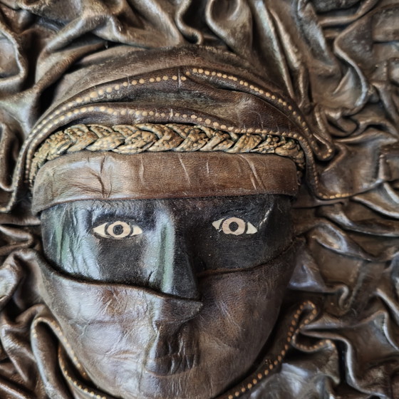Image 1 of Handcrafted Leather Wall Sculpture 45×45 cm – Tuareg Inspired Mask Relief