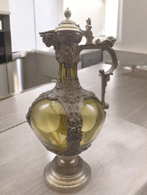 Antica brocca in stile rinascimentale in peltro e vetro, Germania, 1880