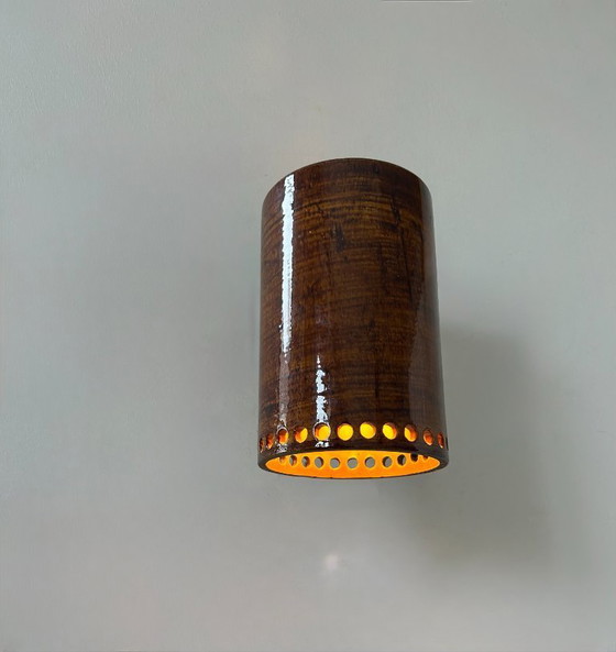 Image 1 of Vintage verstelbare wandlamp, messing en bruin keramiek, Frankrijk, 1980