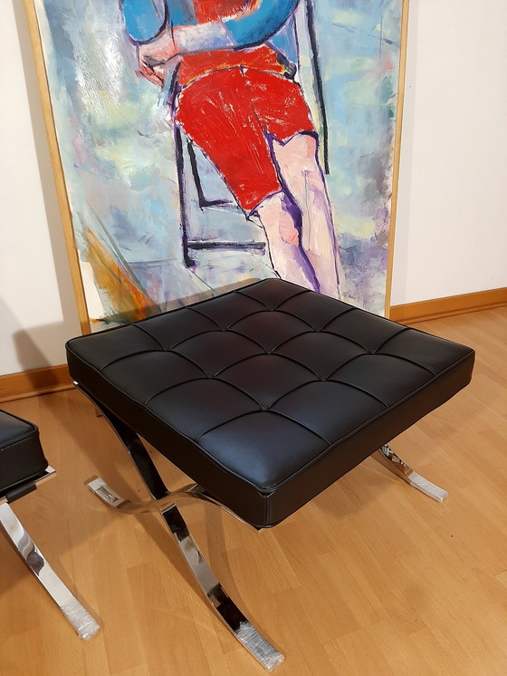 Image 1 of Knoll Set Barcelona New-Never Used Black Leather Design by Ludwig Mies Van Der Rohe and Lilly Reich (1929)