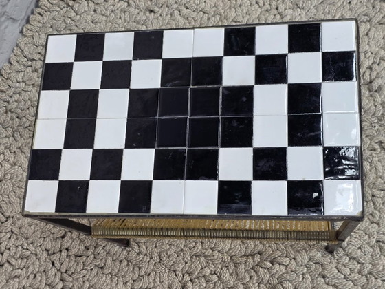 Image 1 of Tavolino portariviste vintage con piano in piastrelle di ceramica e portaoggetti in corda intrecciata, anni '60.