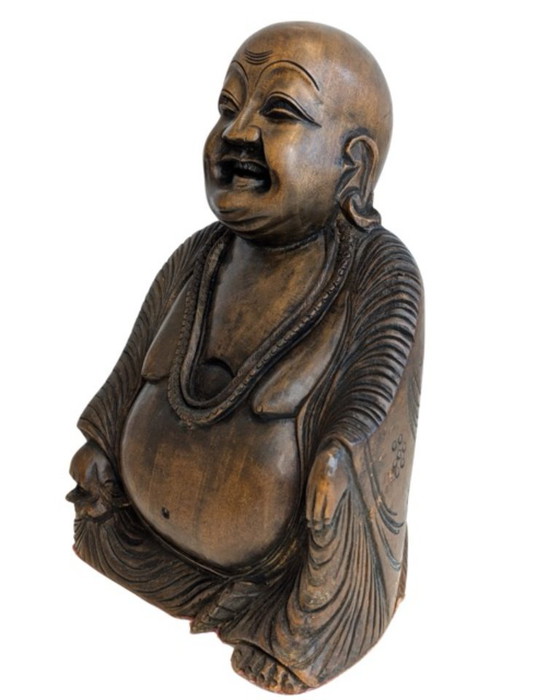 Oude, handgesneden houten lachende Boeddha (Budai) – Beeldhouwkunst, Wood (photo 8 of 8)