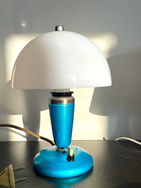Rare Blue Metal Mushroom Table Lamp From USSR 1963 – Electrobut, Plastic (photo 3 of 11)