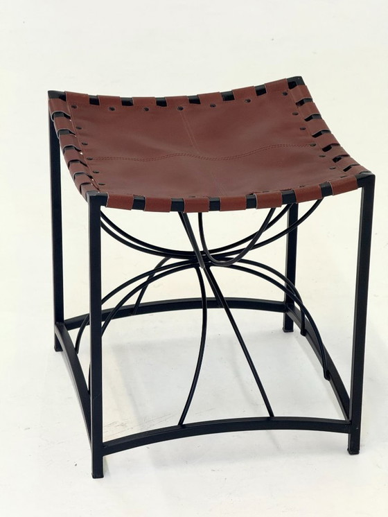 Image 1 of French elegant vintage stool with black metal and brown leather