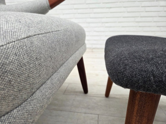 Image 1 of 1960er Jahre, dänischer „Teddy-Stuhl“ mit Hocker, neu gepolstert, Wolle, Teakholz.