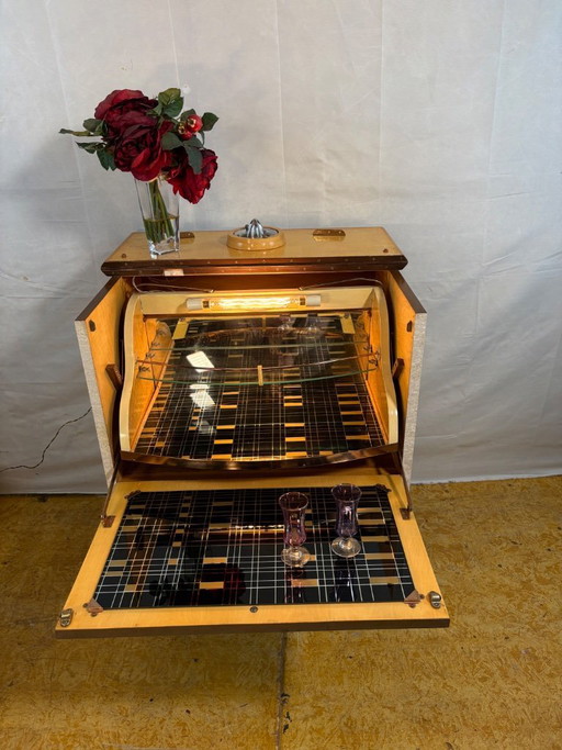 Mid Century Retro Teak & Lamination Cocktail Bar Cabinet (Circa 1950–1960)  A stunning and playful example of mid century design
