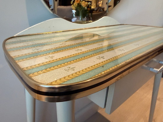 Vintage Dressing Table / Make-Up Table with Round Tri-Fold Mirror, Wood, Beige (photo 2 of 5)