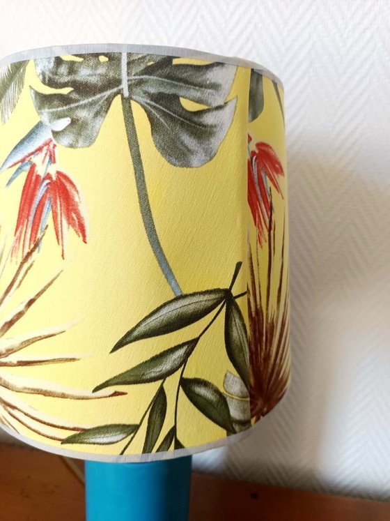 Image 1 of Blue ceramic lamp with claw feet and foliage lampshade