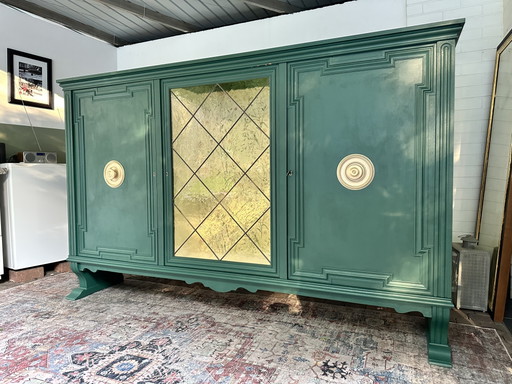 Vitrina vintage n.° 03 | Aparador de estilo Hollywood Regency | Hecho a mano en elegante verde esmeralda | Tablero alto único